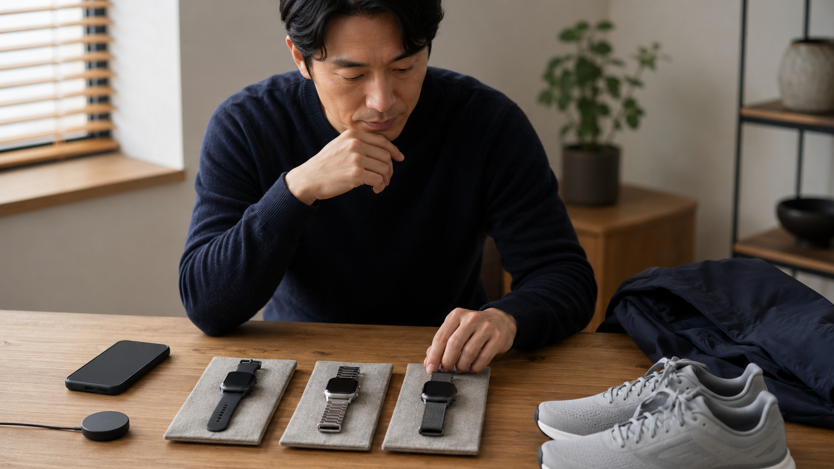 複数のスマートウォッチを前に自分に合う一台を考える日本人の手元