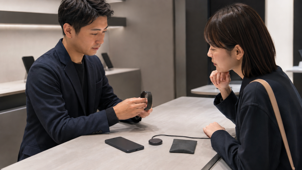 販売店でスマートウォッチの対応端末と充電器を確認する日本人