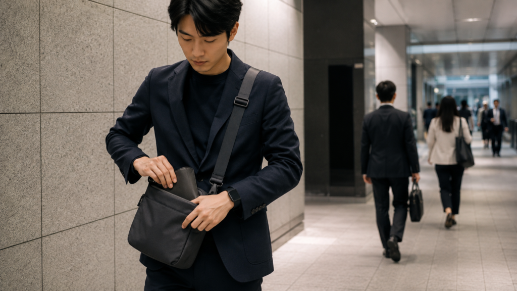 通勤中にスマートウォッチを使いスマートフォンを取り出す手間を減らす日本人