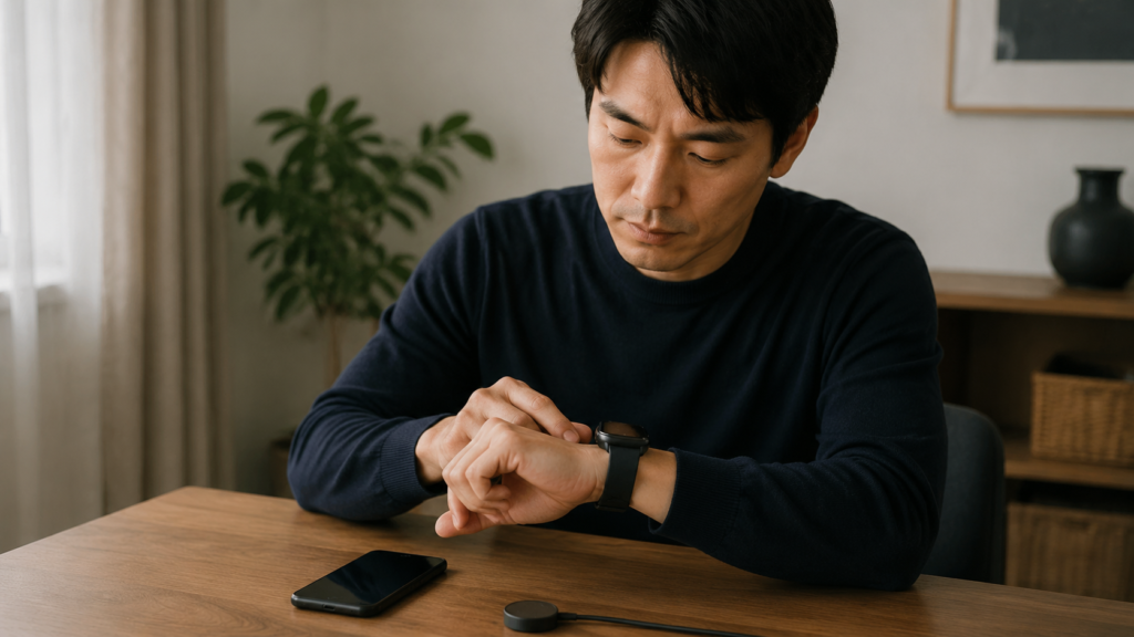 自宅でスマートウォッチとiPhoneの接続条件を確認する日本人