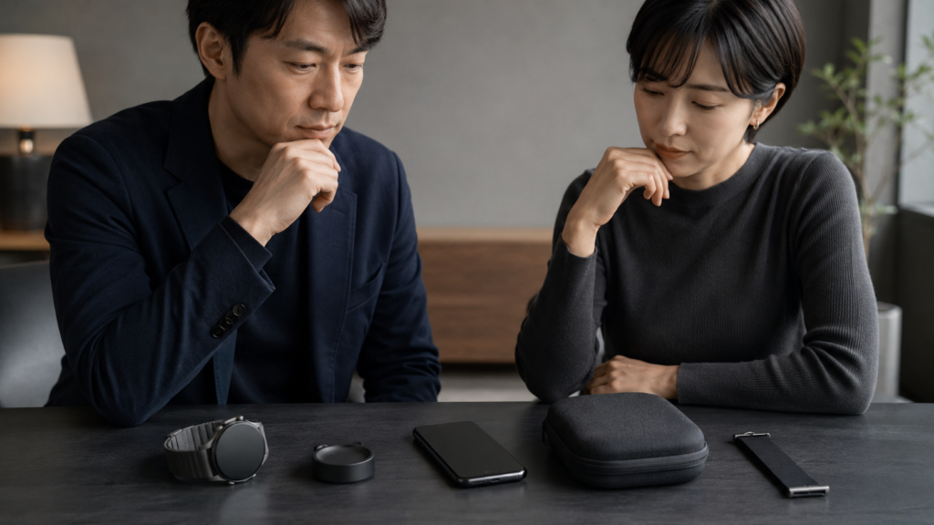 スマートウォッチと充電器やスマートフォンを並べた保守環境