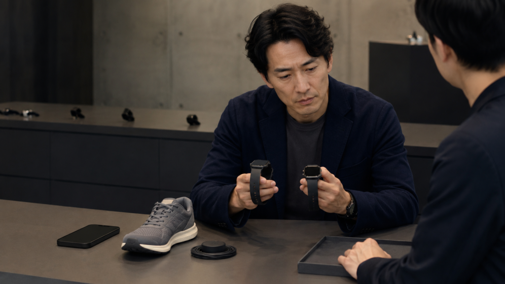 スマートフォン、運動用品、充電器を確認し自分に合うスマートウォッチを選ぶ日本人
