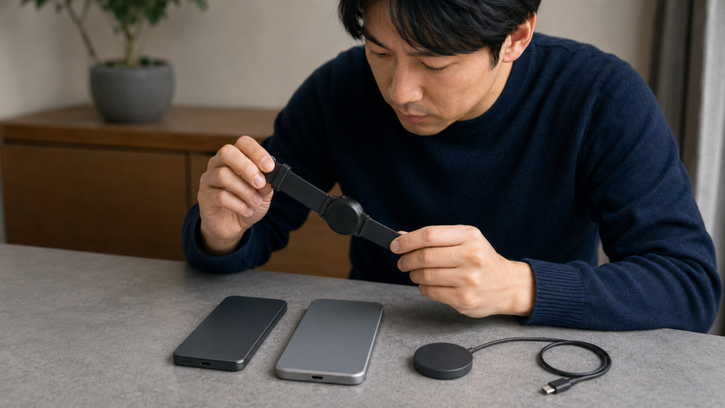 スマートウォッチとスマートフォンの組み合わせを確認する日本人