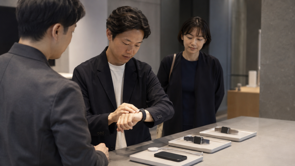 販売店でスマートウォッチを試着し充電器やスマートフォンとの相性を確かめる日本人