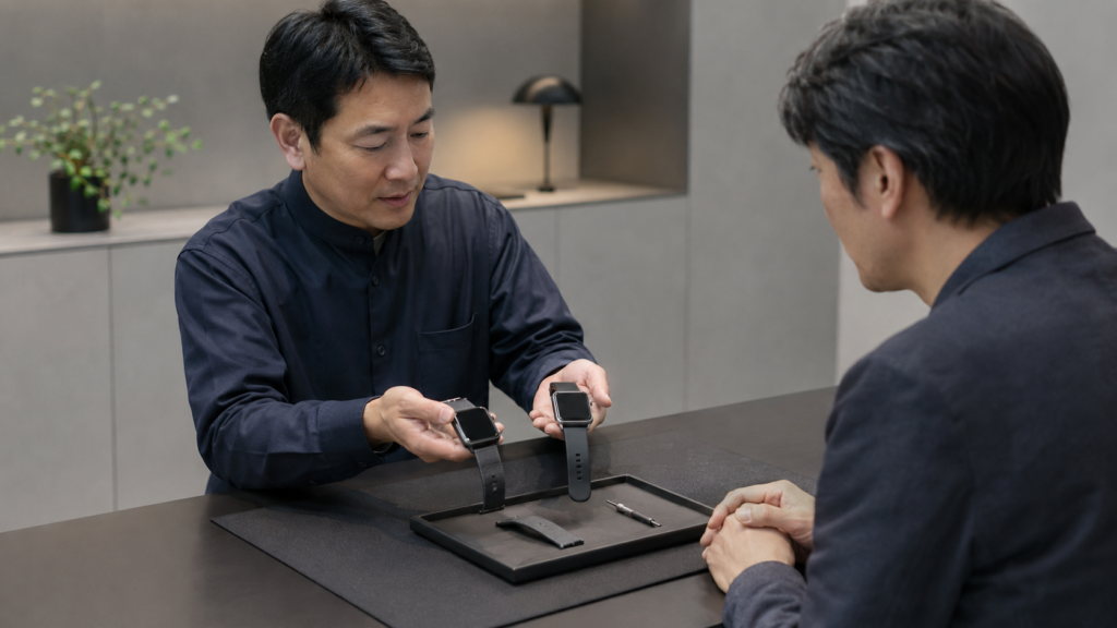 サービスカウンターで古いスマートウォッチの修理と買い替えを相談する日本人