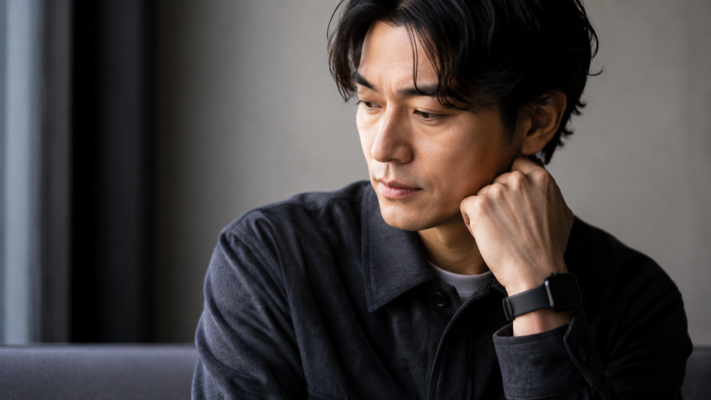 落ち着いた服装に小さめのスマートウォッチとシンプルなバンドを合わせる日本人
