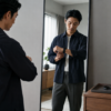 スマートカジュアルな服装にスマートウォッチが合うか鏡で確認する日本人