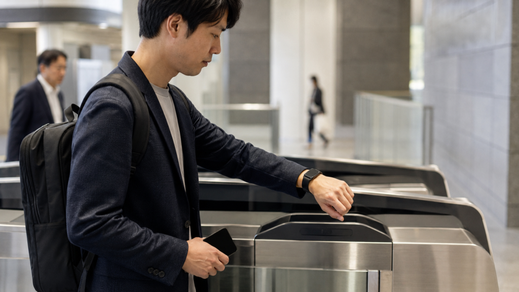 交通系決済に対応するスマートウォッチをかざして改札を通る日本人