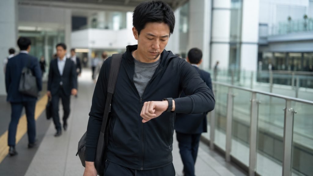 通勤や運動の場面でスマートウォッチを活用する忙しい日本人
