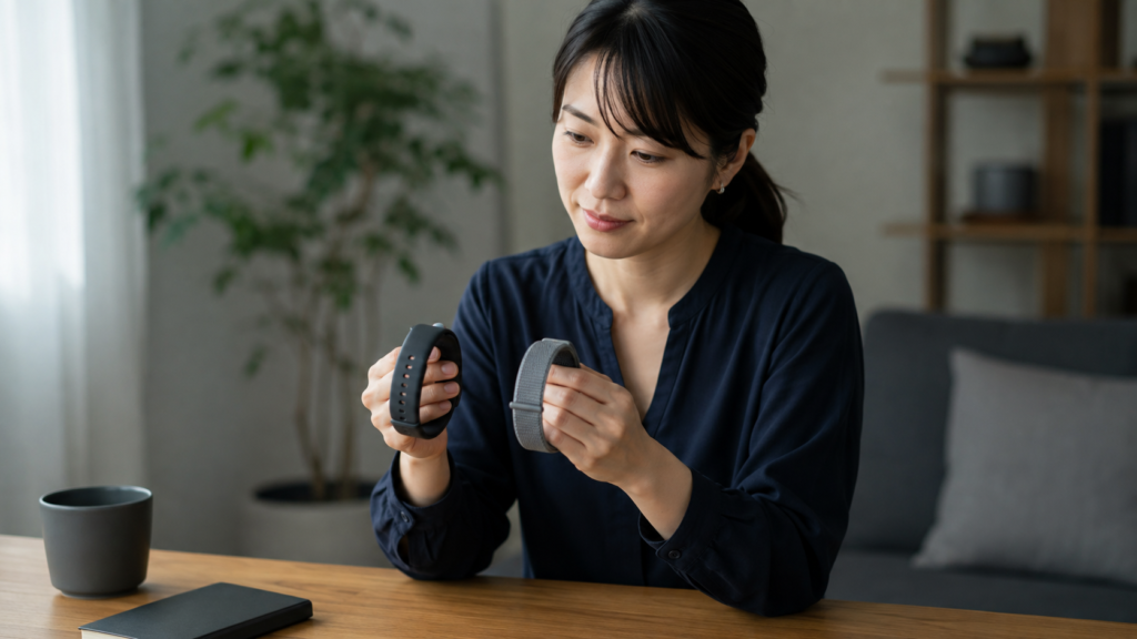 異なる柔らかなバンドを手に取りスマートウォッチを選ぶ日本人女性