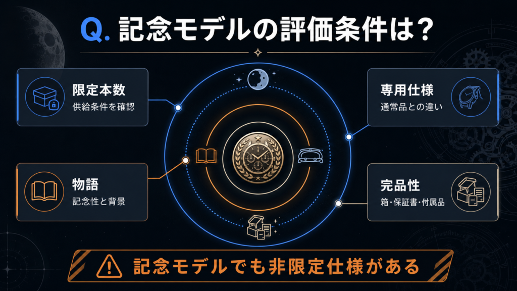スピードマスター記念モデルの限定本数・物語・専用仕様・完品性を示す図解