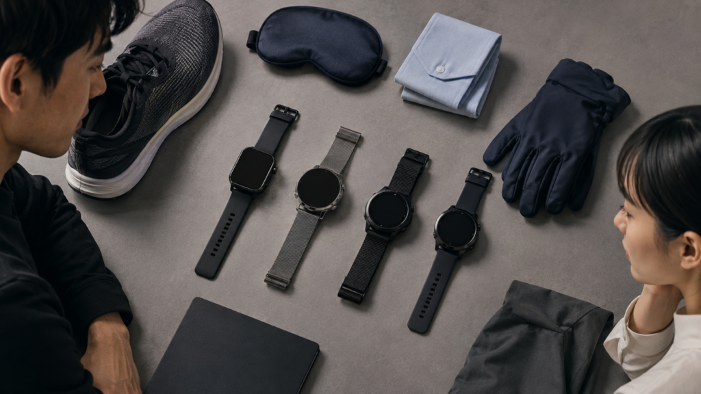 異なる用途を表す小物とともに主要なスマートウォッチの役割を比較する場面