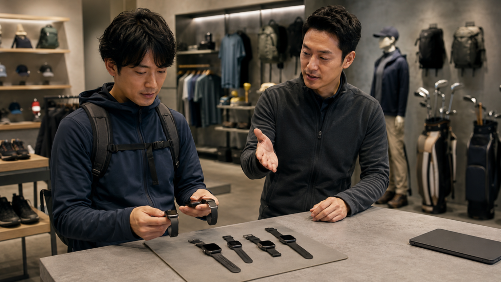 スポーツ店で用途の異なるスマートウォッチを比較する日本人
