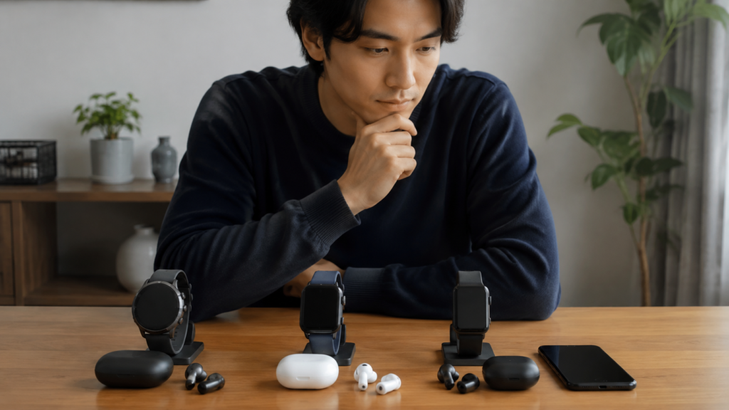 形状と保存方法が異なる音楽対応スマートウォッチを比較する場面