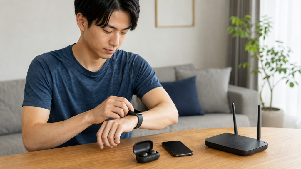 自宅でスマートウォッチへ音楽を保存しイヤホン接続を準備する日本人