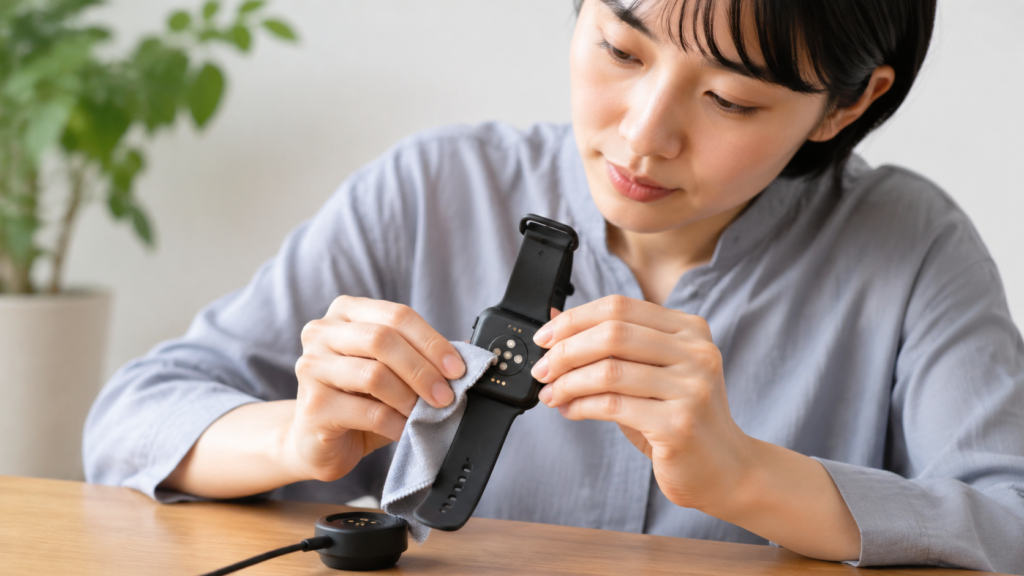 柔らかい布でスマートウォッチと充電器の接点を清掃する日本人