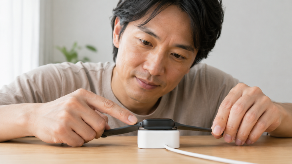 電源と接点確認後にスマートウォッチ本体の再起動を試す日本人