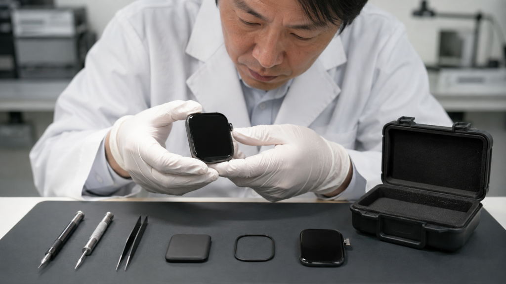 電池・画面・防水部品・配送状態からスマートウォッチ修理条件を確認する技術者