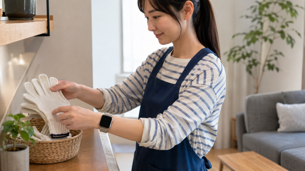 作業中の接触からスマートウォッチの側面を守るカバーを確認する場面