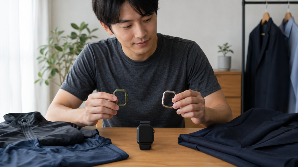 作業や服装に合わせてスマートウォッチカバーを交換する日本人