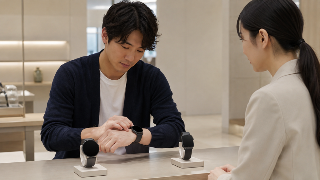 丸形・角形と大小のケースを手首で比較する日本人ユーザー