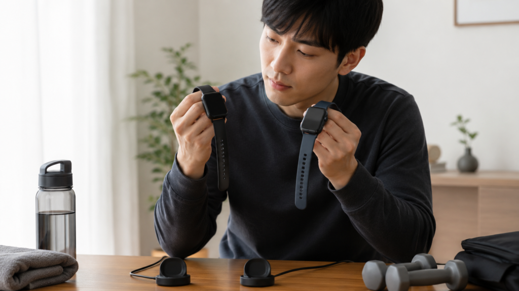 同じ使用条件を想定してスマートウォッチの画面と充電方法を比較する日本人