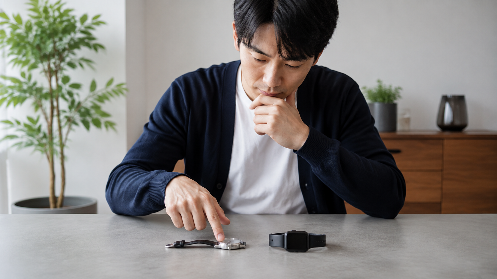 伝統的な高級腕時計と現代的なスマートウォッチを比較する日本人ユーザー