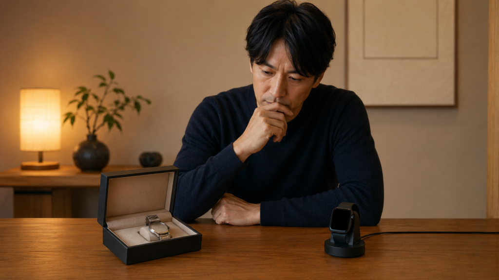 長く所有する機械式腕時計と日々更新するスマートウォッチの価値を比べる場面