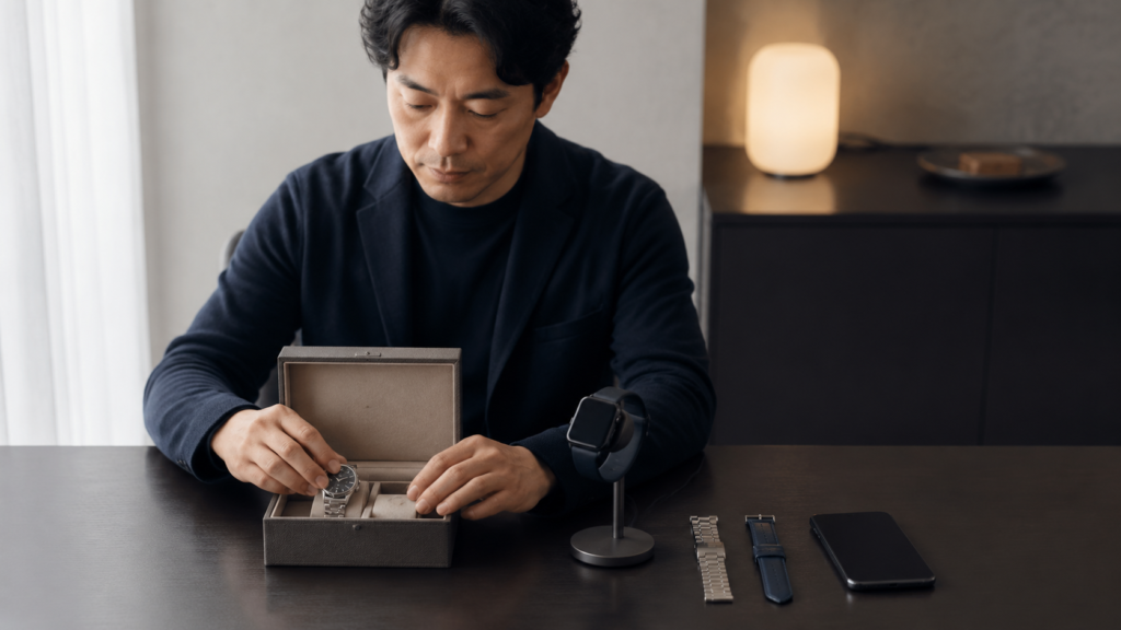 腕時計とスマートウォッチの保管場所や充電器を整理して併用負担を確認する日本人
