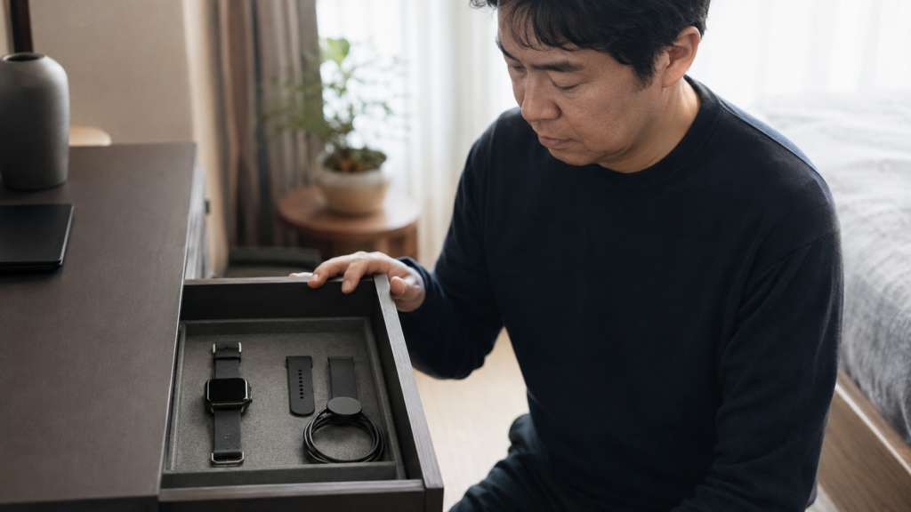引き出しにしまわれたスマートウォッチと充電器を見て後悔を振り返る日本人
