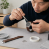日本人が専用工具と保護マットを使って腕時計の革ベルトを交換する様子