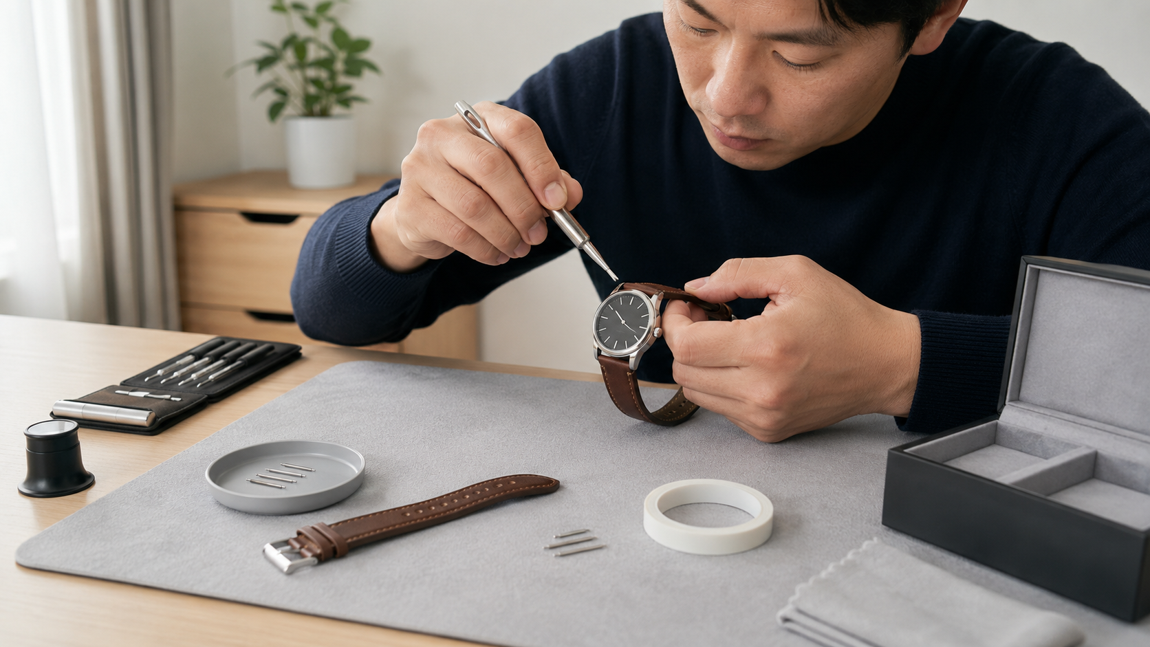 日本人が専用工具と保護マットを使って腕時計の革ベルトを交換する様子
