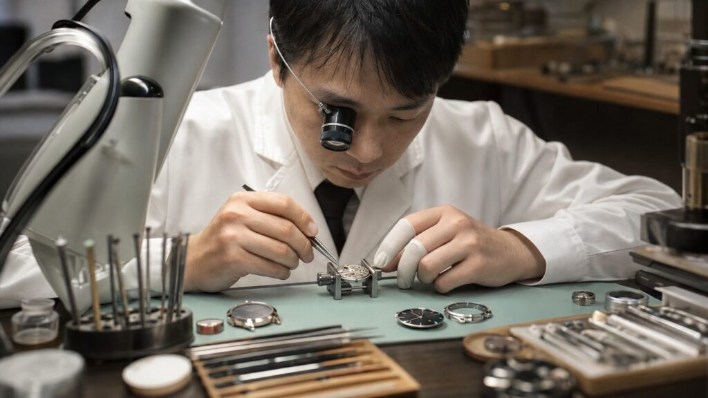 時計オーバーホールを専用工具で安全に行う日本人時計技師