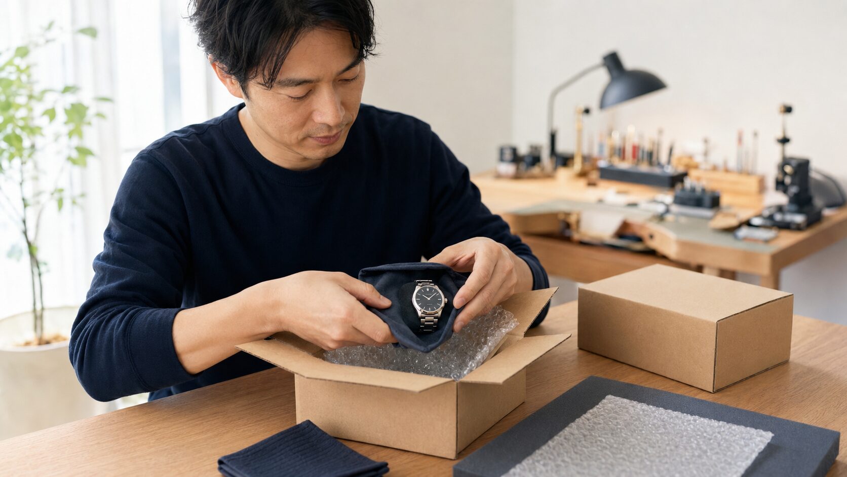 時計のオーバーホール郵送依頼で高級時計を安全に梱包する日本人男性