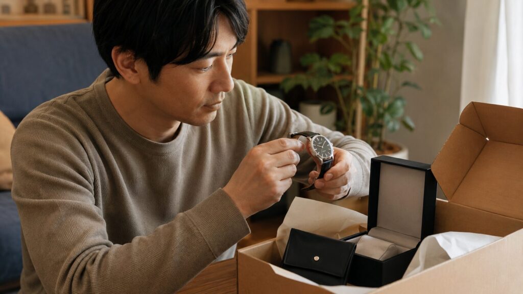 郵送オーバーホールから返却された時計の外観と動作を確認する様子
