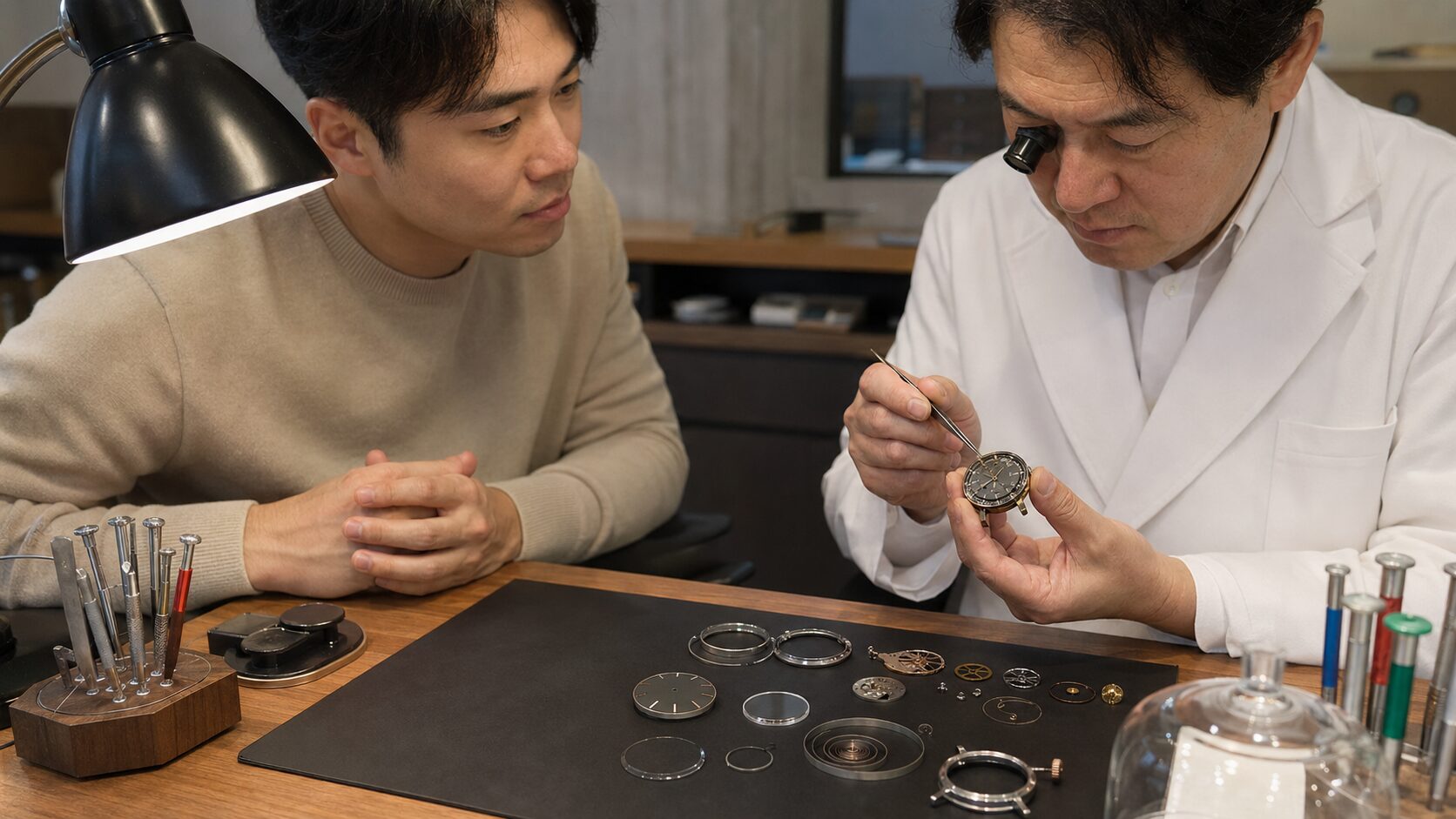 時計オーバーホールで交換部品が増えて費用が上がる理由を確認する日本人男性