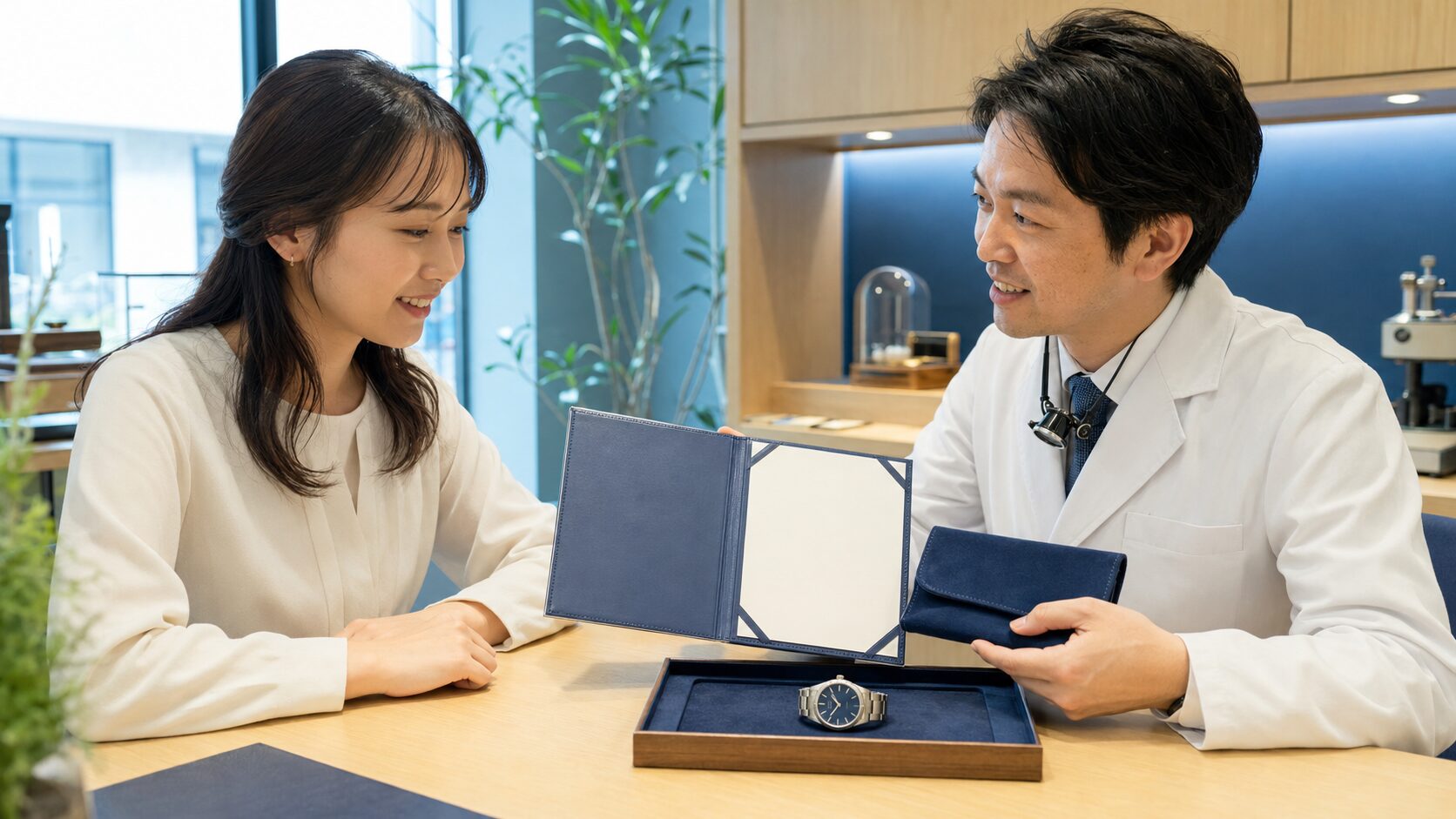 時計オーバーホールの保証期間と無料見積もりの条件を確認する日本人女性