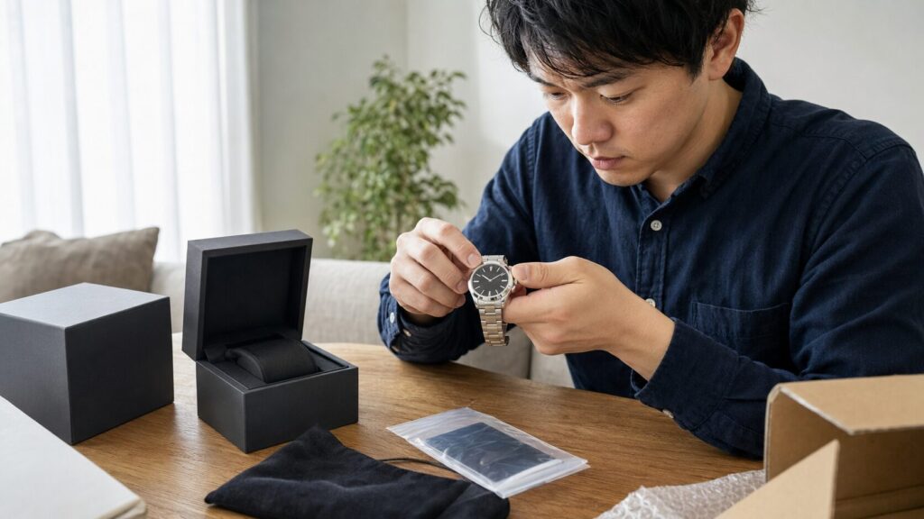 時計オーバーホール保証を使えるよう返却直後に状態を確認する日本人男性
