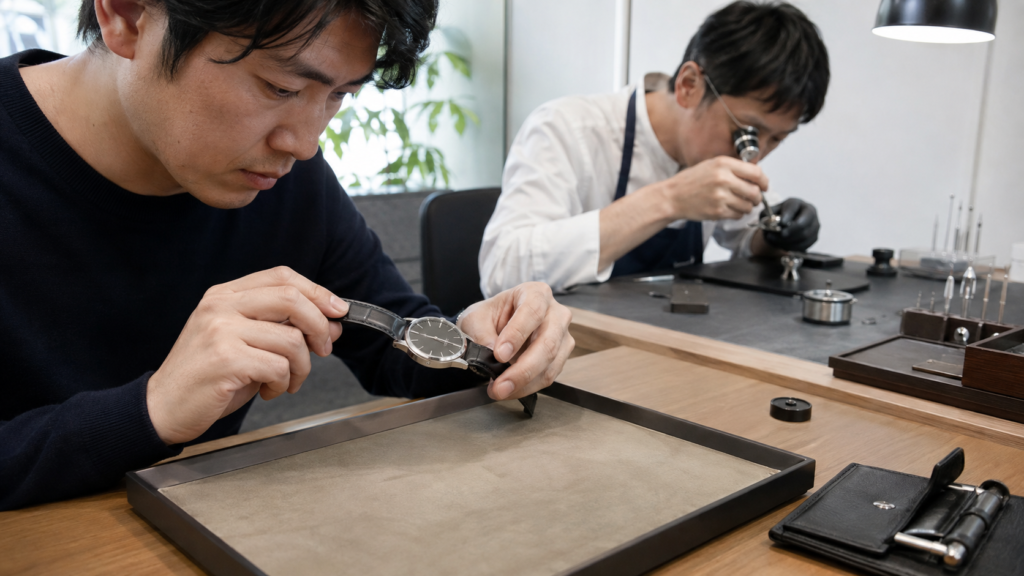 交換した革ベルトのばね棒を引いて確認し専門家が傷を点検する様子