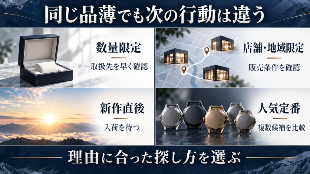 入手困難の四つの類型と探し方を示す図解