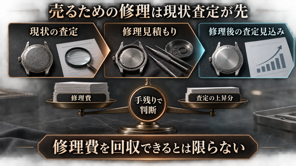 修理前に現状査定と費用を比較する流れを示す図解