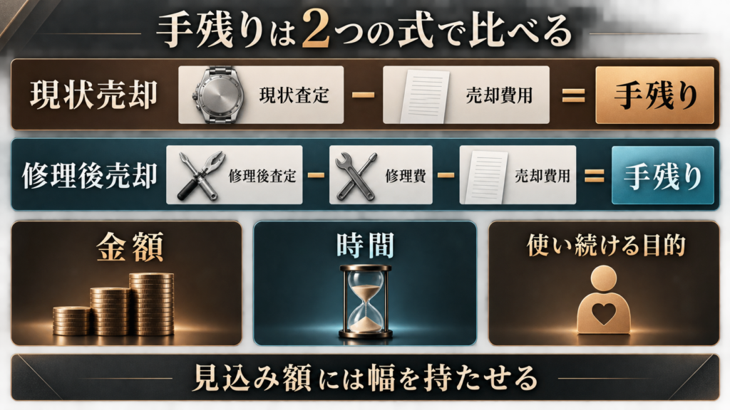 現状売却と修理後売却の手残りを比較する図解