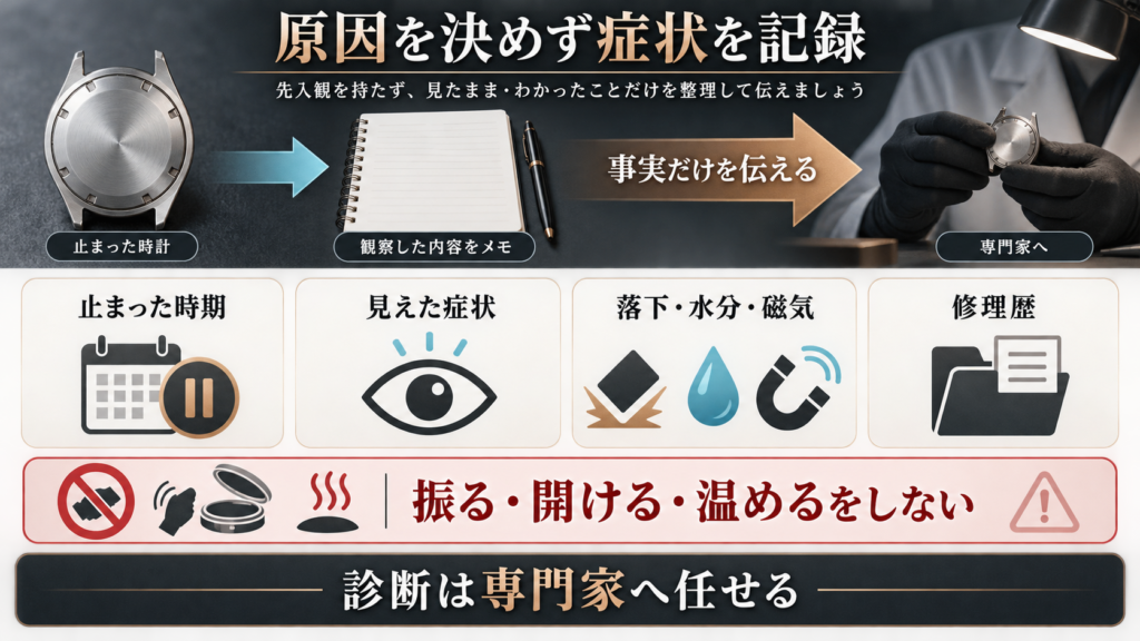 動かない時計の症状を記録して専門家へ伝える図解