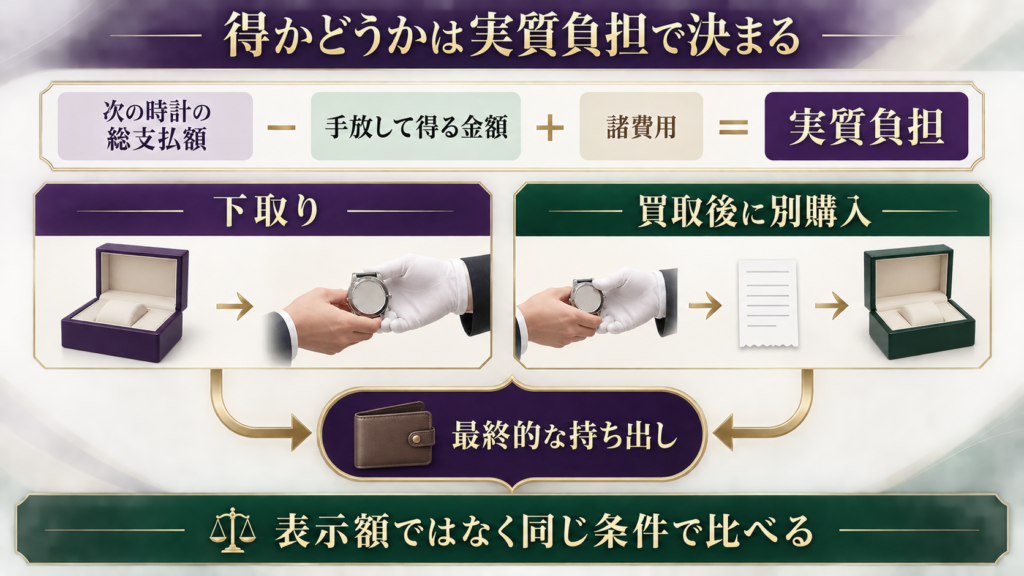 下取りと買取後の別購入を実質負担で比較する図解