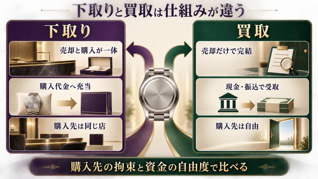 下取りと買取の取引方法を比較する図解
