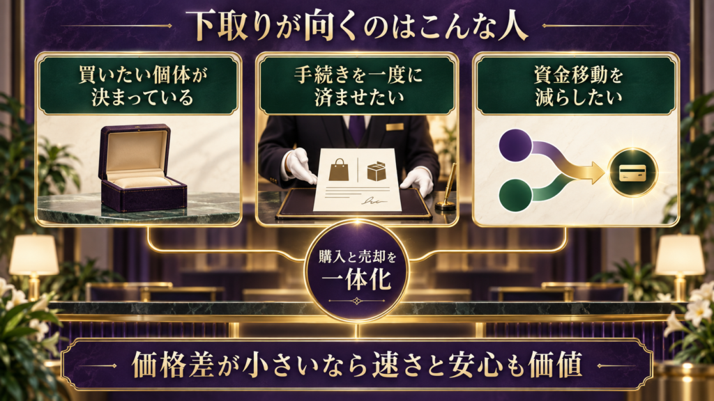 高級腕時計の下取りが向いている三つの条件を示す図解