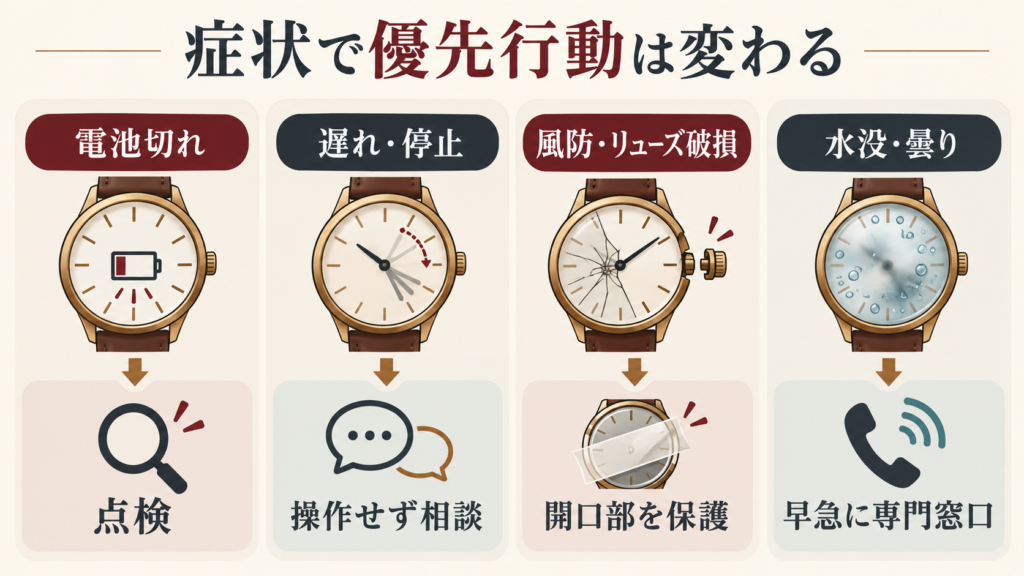 時計の故障症状ごとに優先する行動を示す図解