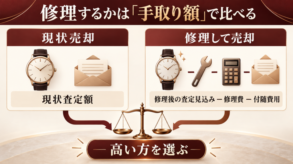 現状売却と修理後売却の手取り額を比較する図解