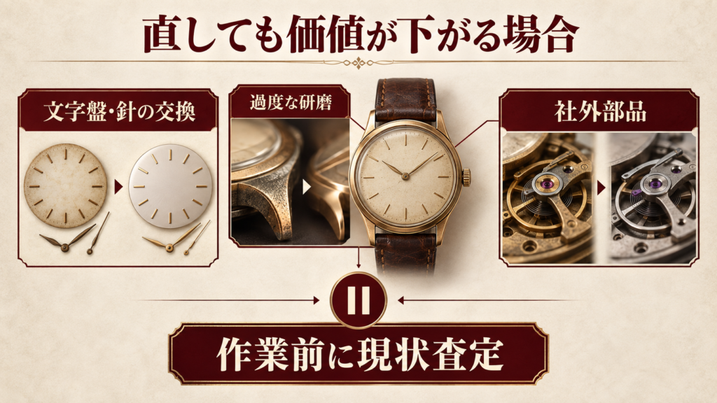 文字盤交換や過度な研磨や社外部品で価値が下がる場合を示す図解