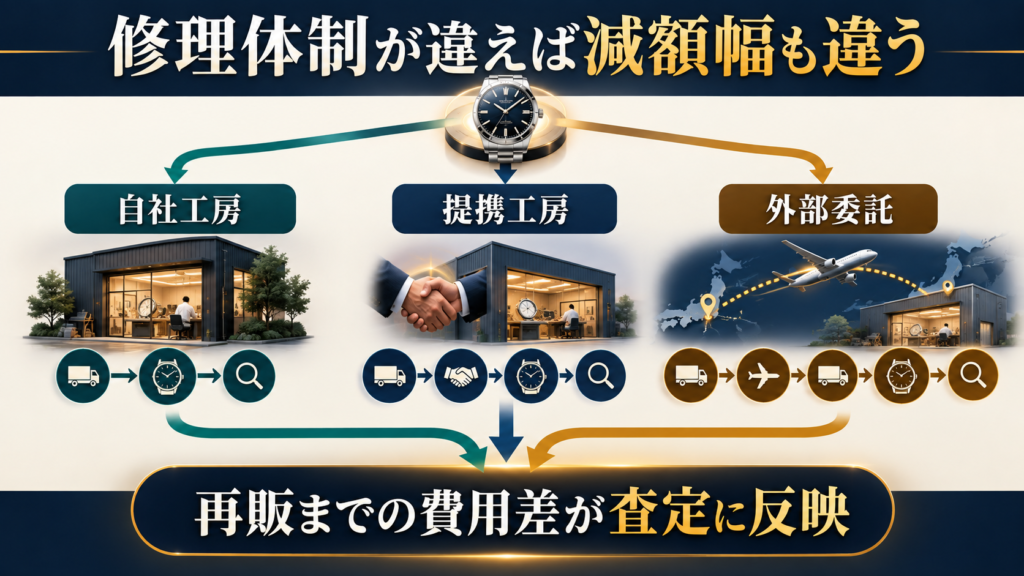 自社工房と提携工房と外部委託の費用差が査定へ反映される図解